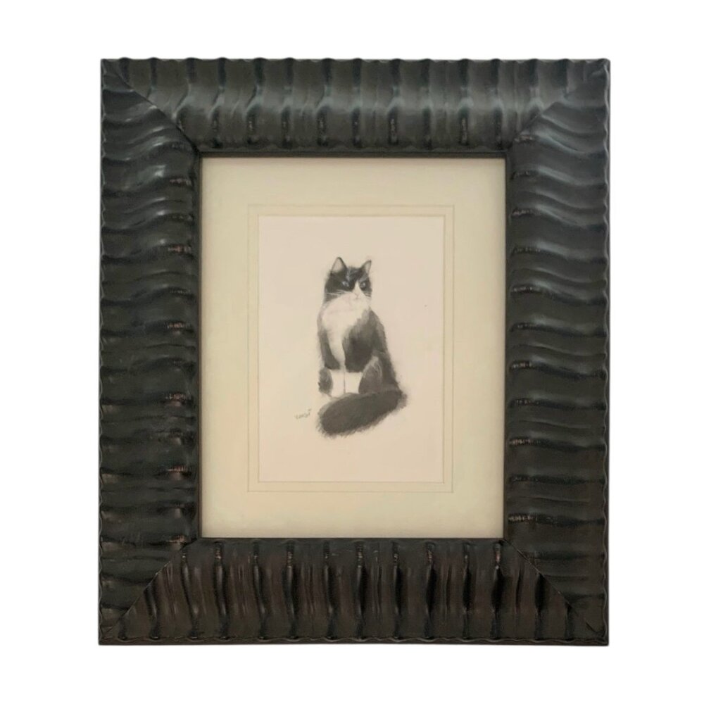 Cat Painting Watercolor Portrait Signed in Heavy Frame Adorable Art Decor Gift